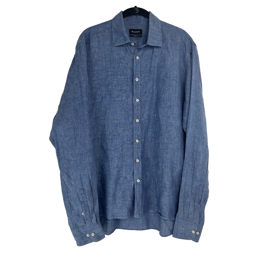 Sand Copenhagen Modern Fit Linen Button Down Shirt Size 42 16 1/2" Blue Coastal